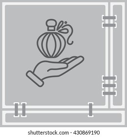 Web line icon. Perfume bottle in hand