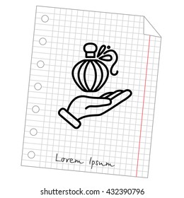 Web line icon. Perfume bottle in hand