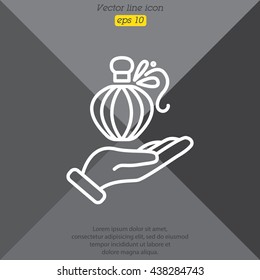 Web line icon. Perfume bottle in hand