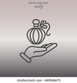 Web line icon. Perfume bottle in hand