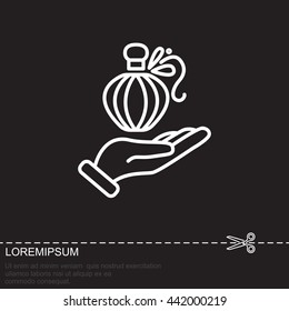 Web line icon. Perfume bottle in hand