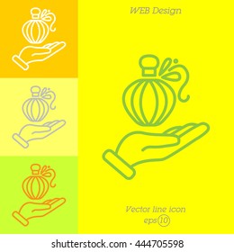 Web line icon. Perfume bottle in hand