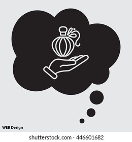 Web line icon. Perfume bottle in hand