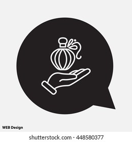 Web line icon. Perfume bottle in hand