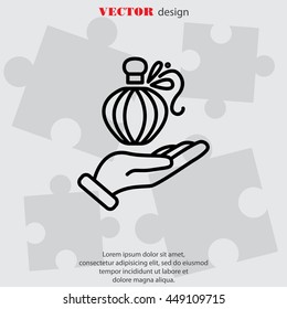Web line icon. Perfume bottle in hand