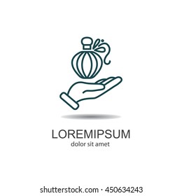 Web line icon. Perfume bottle in hand