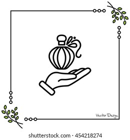 Web line icon. Perfume bottle in hand