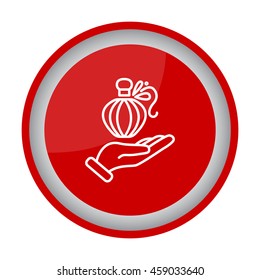 Web line icon. Perfume bottle in hand