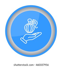 Web line icon. Perfume bottle in hand