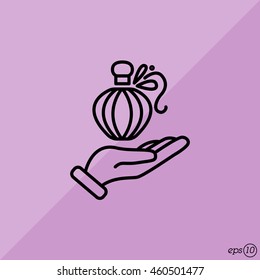 Web line icon. Perfume bottle in hand