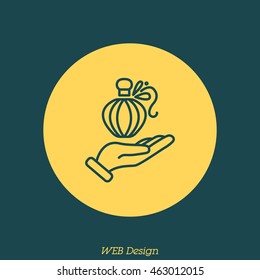 Web line icon. Perfume bottle in hand