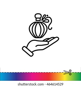 Web line icon. Perfume bottle in hand