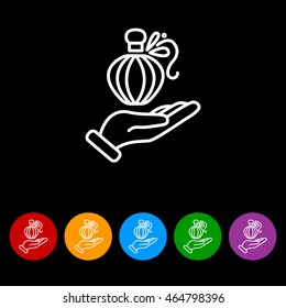Web line icon. Perfume bottle in hand