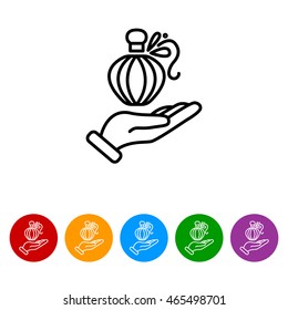 Web line icon. Perfume bottle in hand