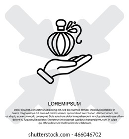 Web line icon. Perfume bottle in hand