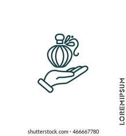 Web line icon. Perfume bottle in hand