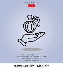 Web line icon. Perfume bottle in hand