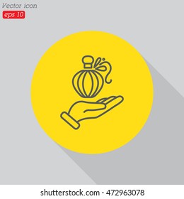 Web line icon. Perfume bottle in hand