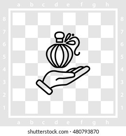 Web line icon. Perfume bottle in hand