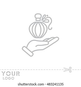 Web line icon. Perfume bottle in hand