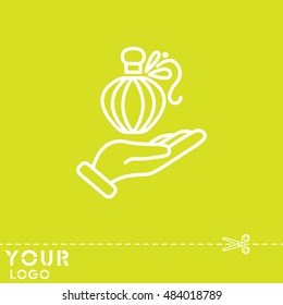 Web line icon. Perfume bottle in hand