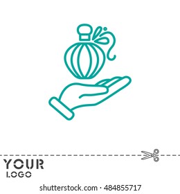 Web line icon. Perfume bottle in hand