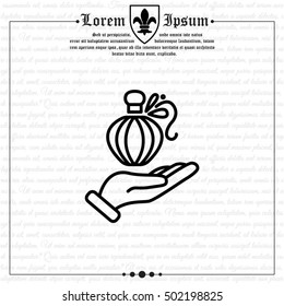 Web line icon. Perfume bottle in hand