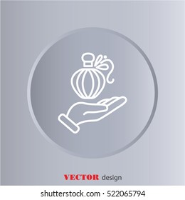 Web line icon. Perfume bottle in hand