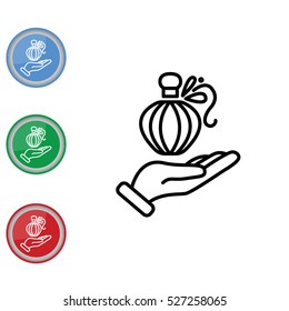 Web line icon. Perfume bottle in hand