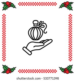 Web line icon. Perfume bottle in hand