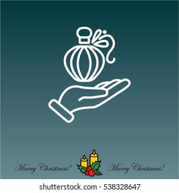 Web line icon. Perfume bottle in hand