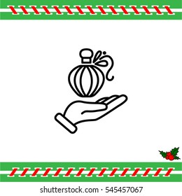 Web line icon. Perfume bottle in hand