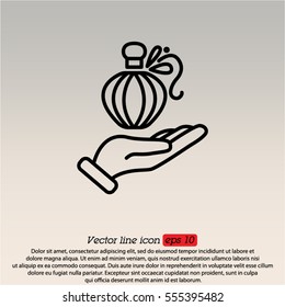 Web line icon. Perfume bottle in hand