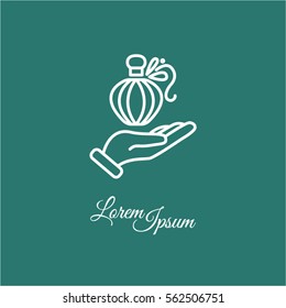 Web line icon. Perfume bottle in hand
