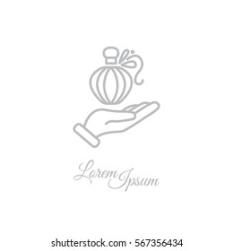 Web line icon. Perfume bottle in hand