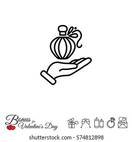 Web line icon. Perfume bottle in hand