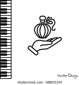 Web line icon. Perfume bottle in hand