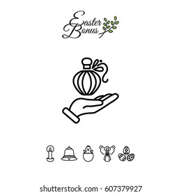 Web line icon. Perfume bottle in hand