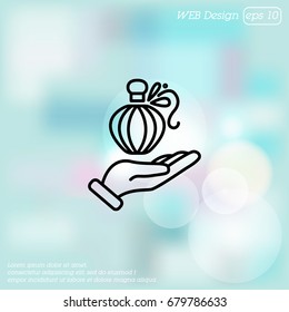 Web line icon. Perfume bottle in hand
