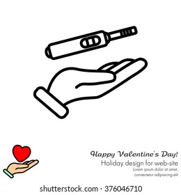 Web line icon. Pregnancy test in hand