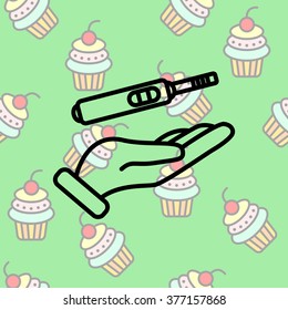 Web line icon. Pregnancy test in hand