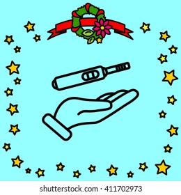 Web line icon. Pregnancy test in hand