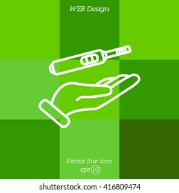Web line icon. Pregnancy test in hand