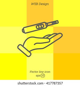 Web line icon. Pregnancy test in hand