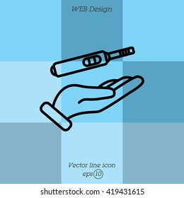 Web line icon. Pregnancy test in hand