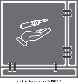 Web line icon. Pregnancy test in hand