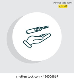 Web line icon. Pregnancy test in hand