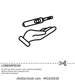 Web line icon. Pregnancy test in hand