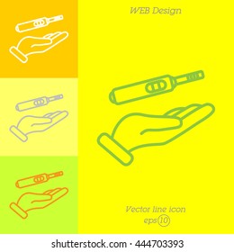 Web line icon. Pregnancy test in hand