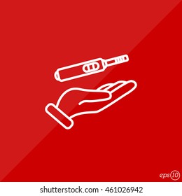 Web line icon. Pregnancy test in hand